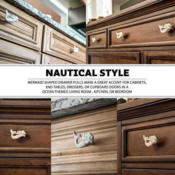 Set of 6 White Painted Cast Iron Mermaid Drawer Pull Rustic Furniture Decor Knob - Picture 3 of 12